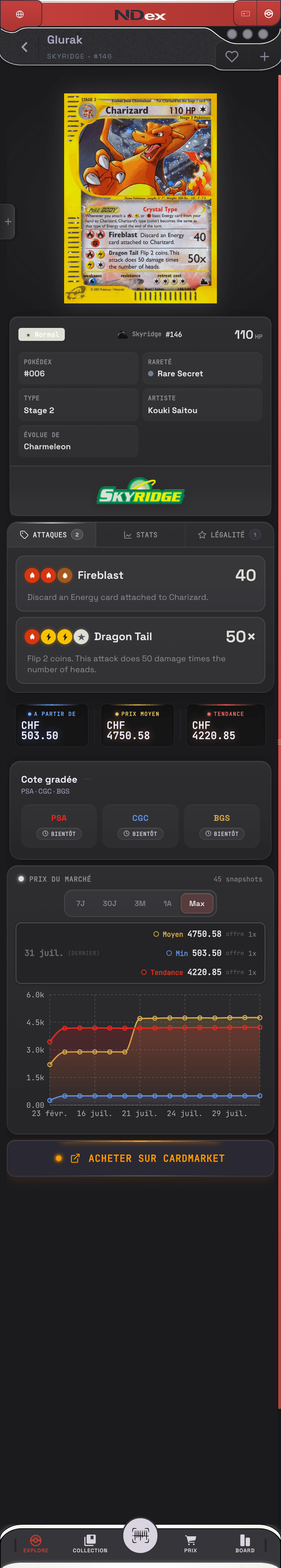 Die NDEX-App, Pokémon-Seite: Cardmarket-Kurse der Karten in CHF